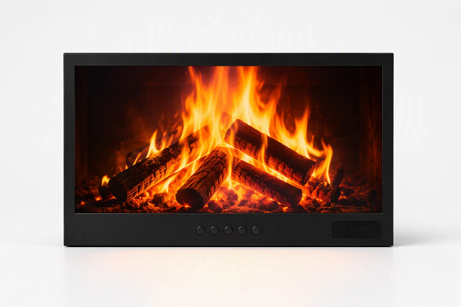3D holographic fireplace with LCD screen showing a campfire video, button row and speaker grille