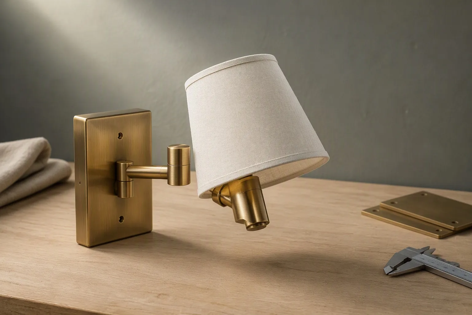 Brass hospitality wall light sample with a fabric shade