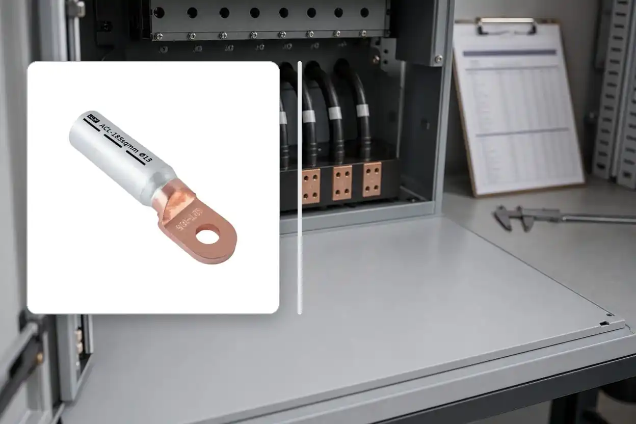 ACL 185 square millimetre bimetallic cable lug shown beside a solar inverter terminal cabinet