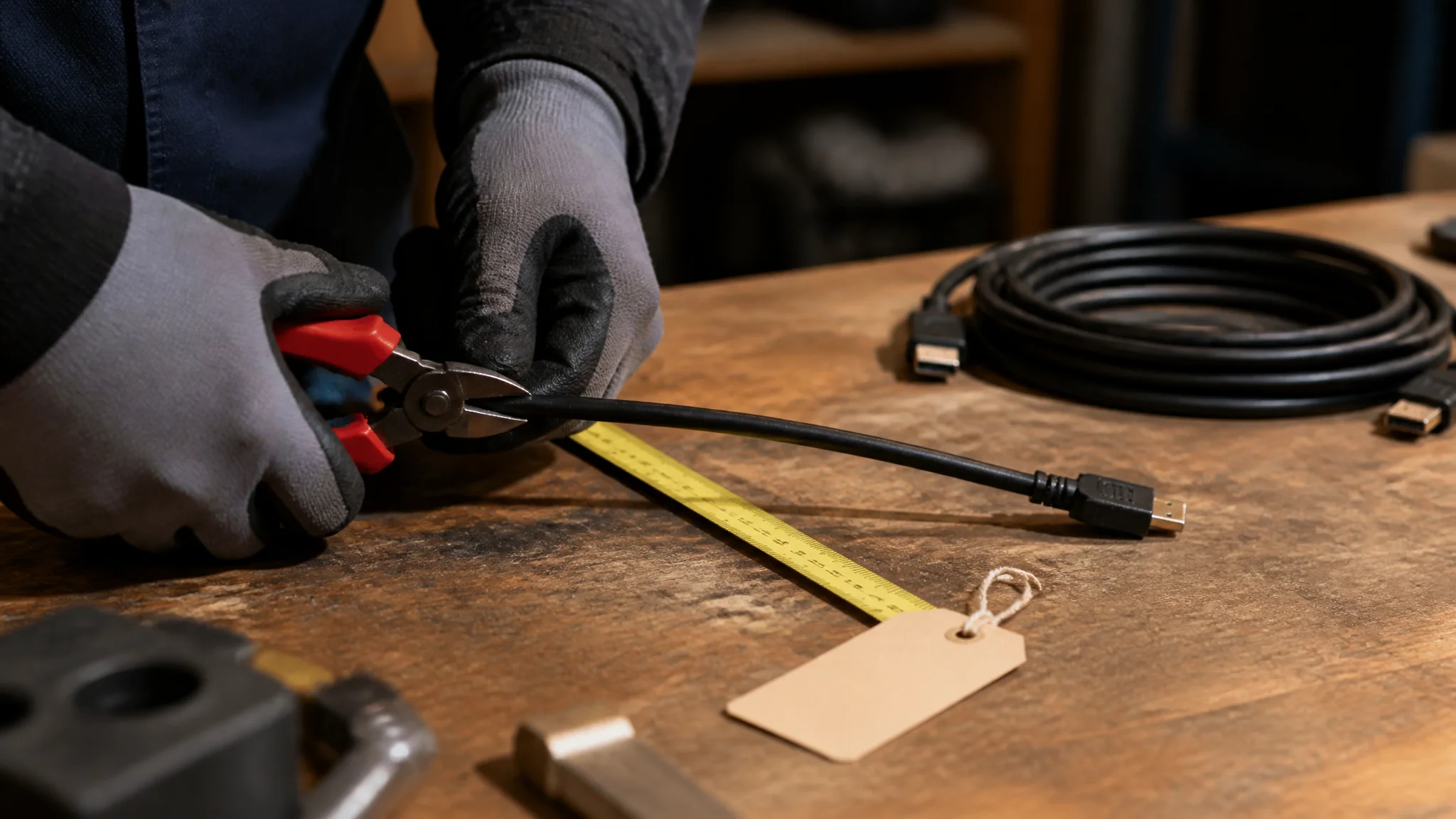 Gloved hands cutting HDMI cable to a measured length with a tape