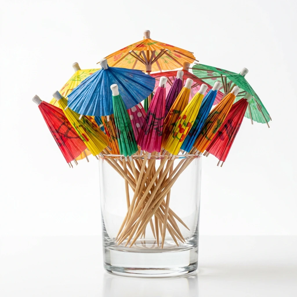 Colorful paper parasol cocktail picks in rainbow colors standing upright in clear glass