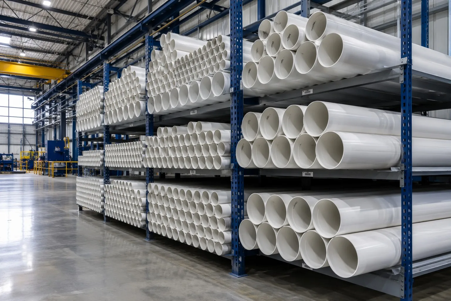 White PVC pipes stacked in industrial warehouse