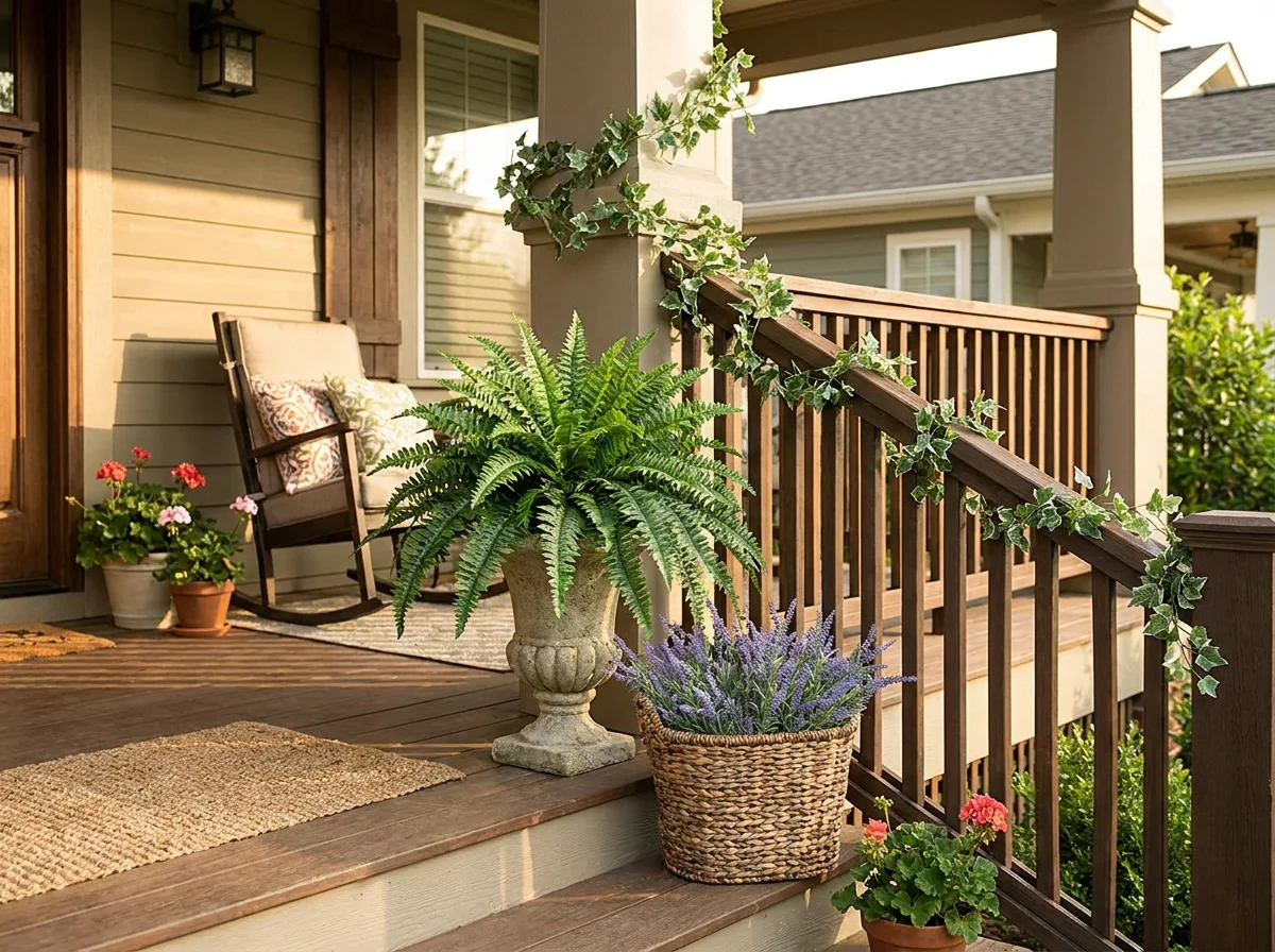 Beautiful summer front porch decorated with UV-resistant artificial plants including Boston fern in stone planter and hanging ivy garland