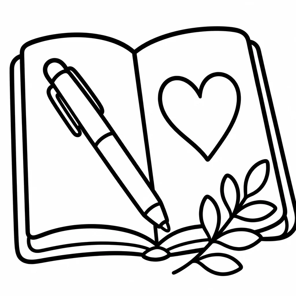 Bold and easy line art of a coloring page with a mug, plant, pen and pencil