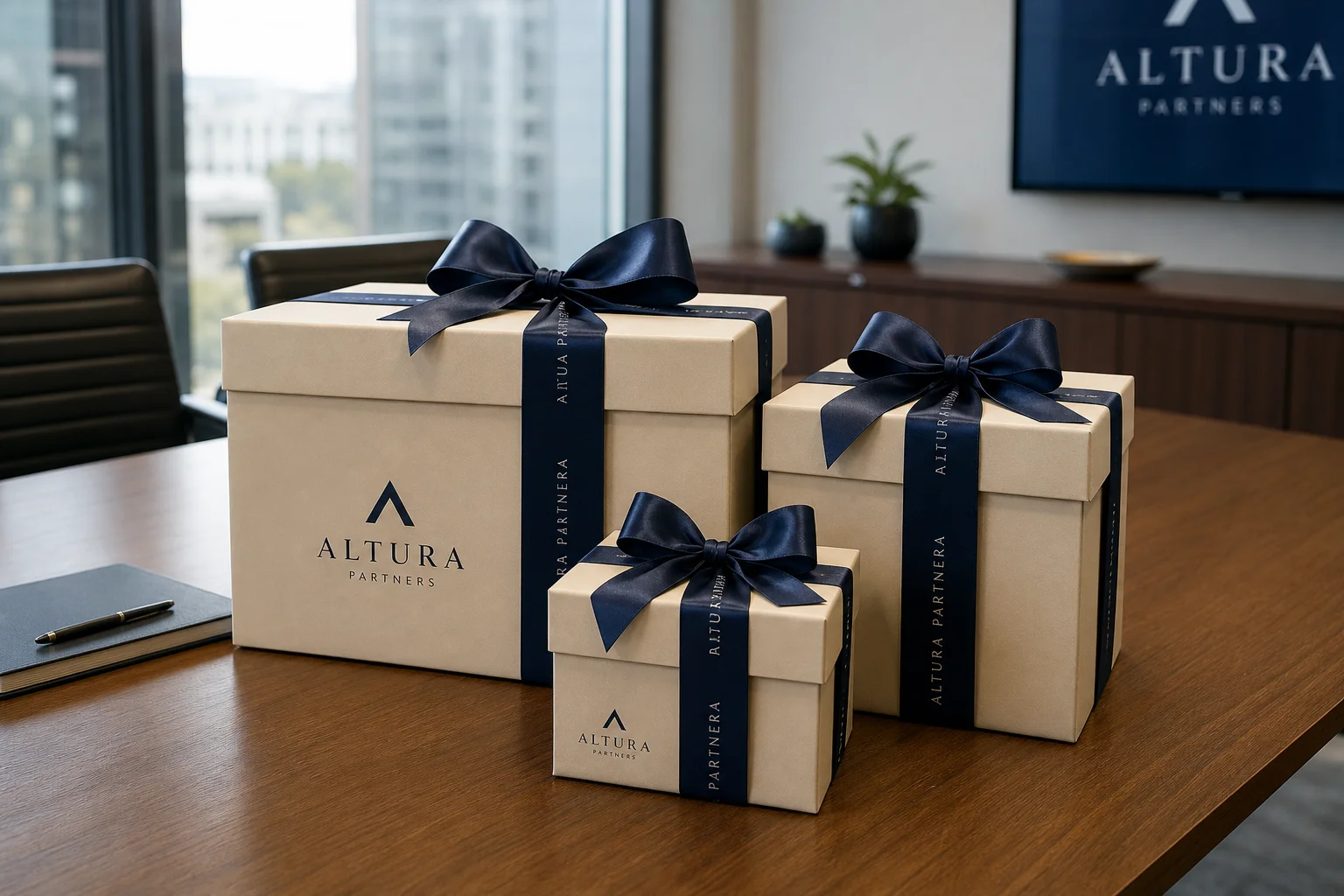 Documentary B2B product photo completed corporate gift packaging set showing uniformly branded boxes three sizes each finished same deep navy ribbon bow consistent style result standardised ribbon procurement programme boxes arranged together conference table clearly showing branding consistency across multi-SKU programme warm natural window light professional corporate gifting context