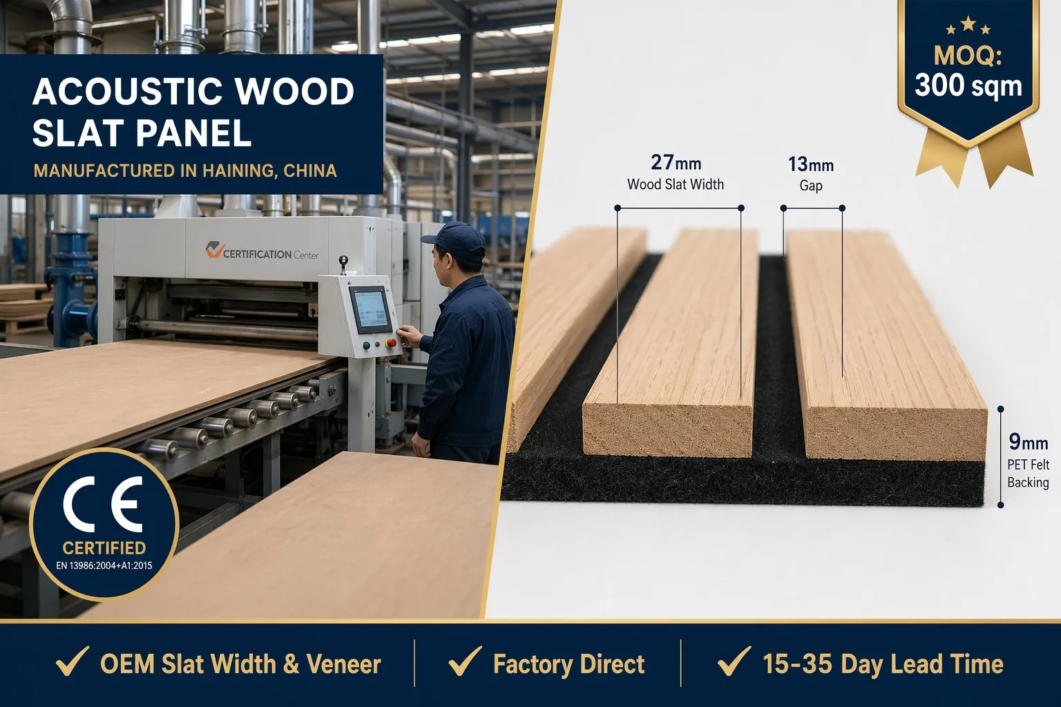 MDF wood slat acoustic panel 27mm slat 13mm gap factory direct