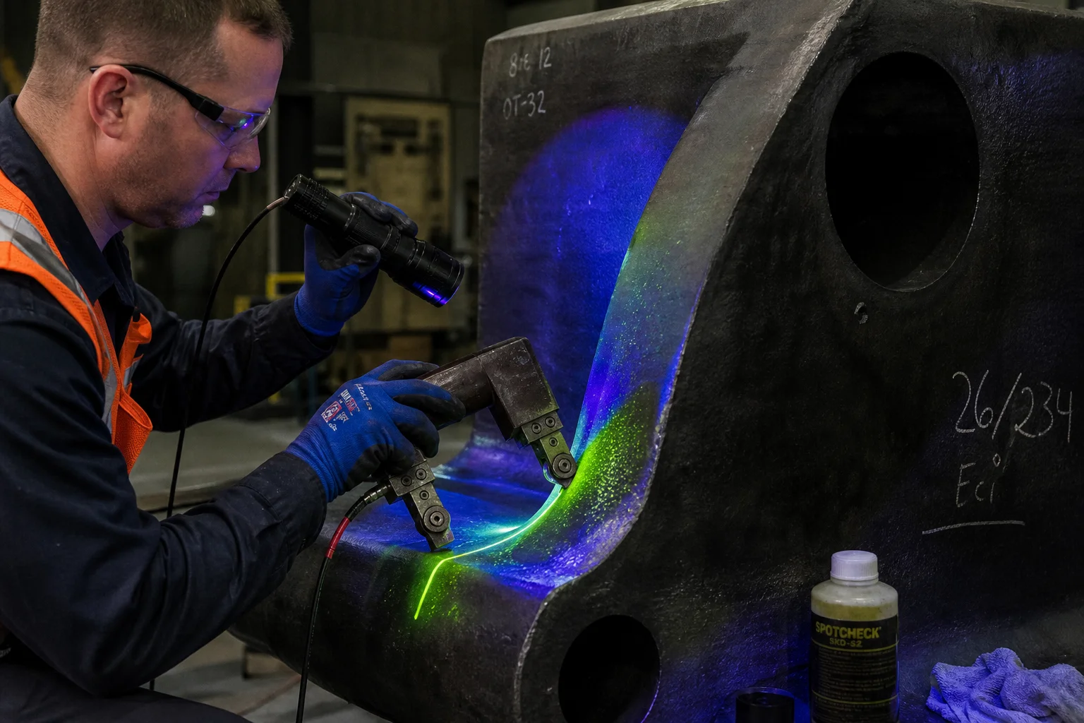 Quality inspector conducting fluorescent magnetic particle inspection MT on chock shoulder fillet