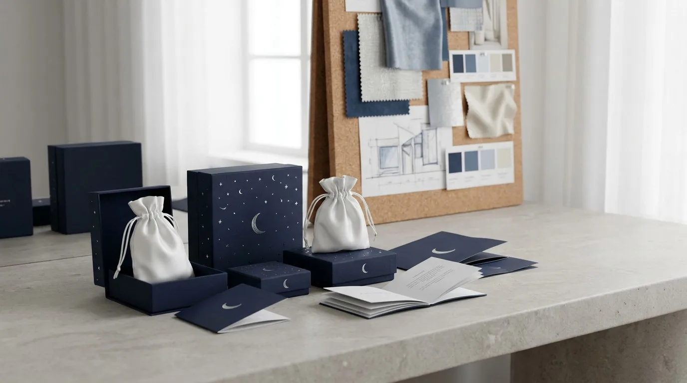 The finished Aura Heritage navy blue and silver lunar-themed packaging suite.