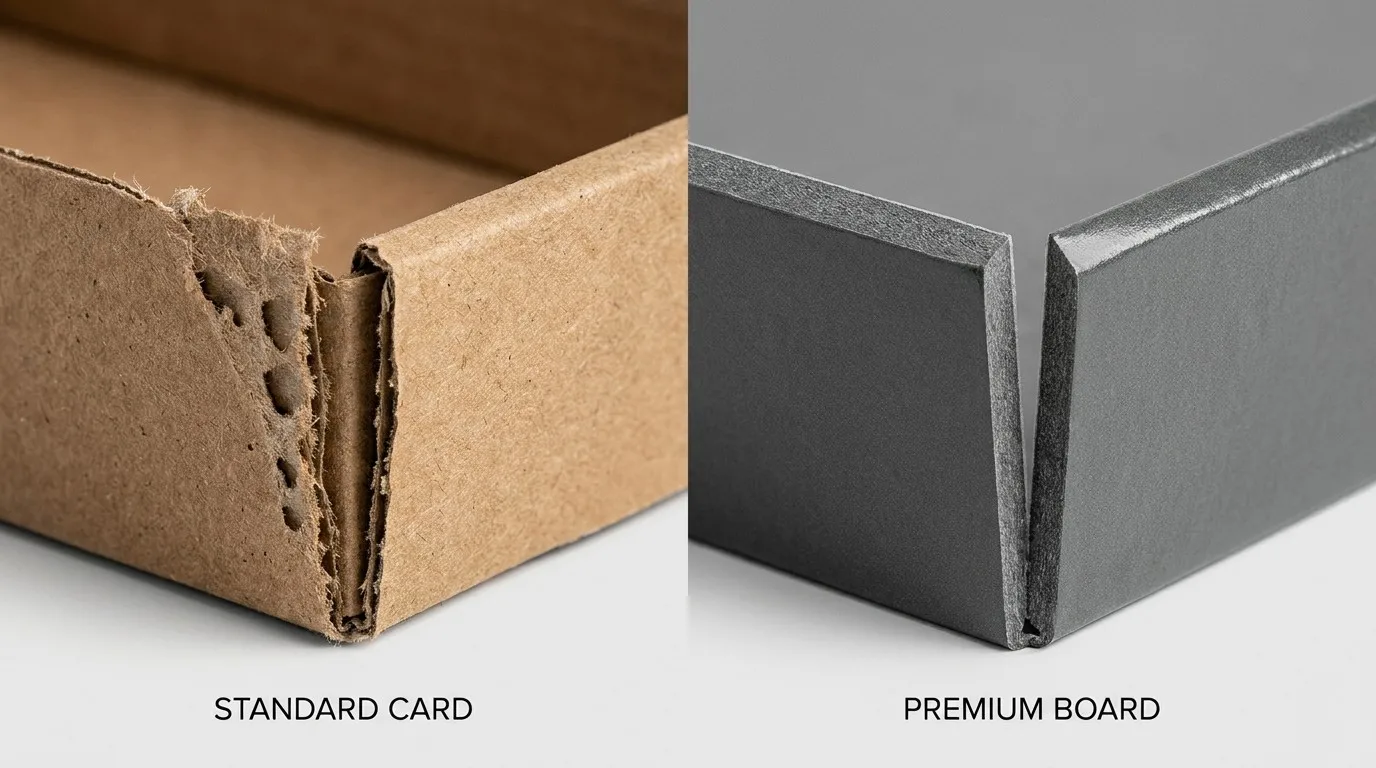 Macro cross-section comparison between standard cardboard and premium 1200 GSM V-grooved rigid board.