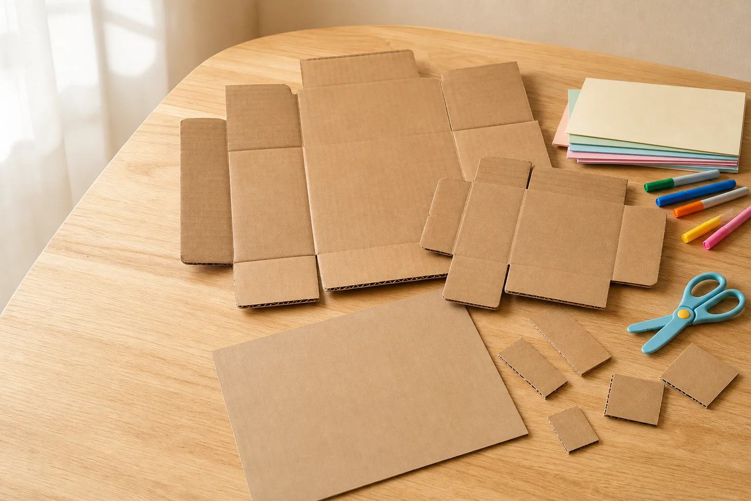 An assortment of clean flat cardboard pieces laid out on a wood table — VOGALAB