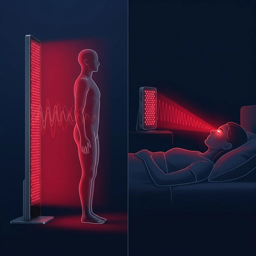 Red light therapy comparison visualization — Panel vs Targeted sleep device