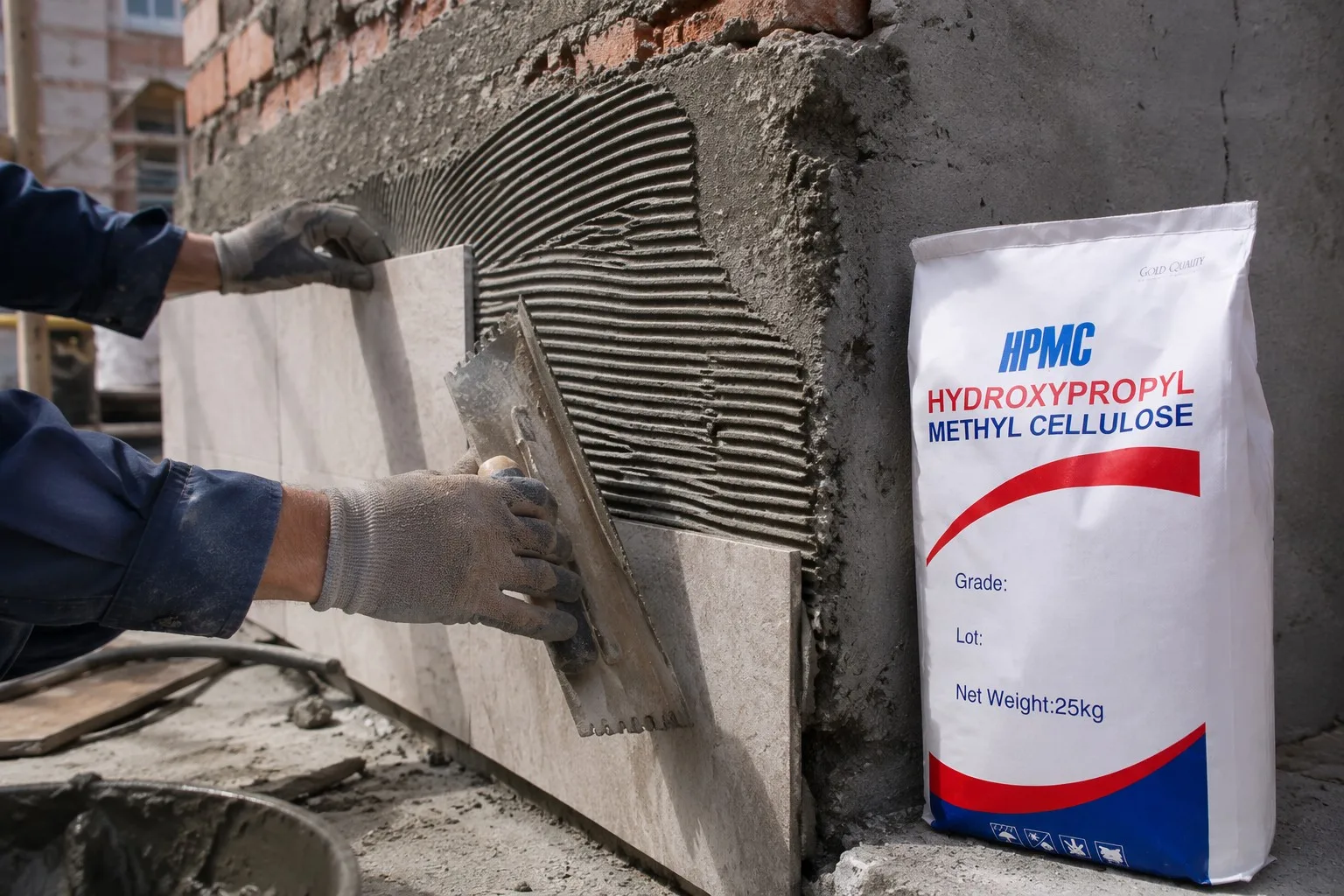 Construction worker applying tile adhesive on site with KEHAO HPMC 25kg product bag