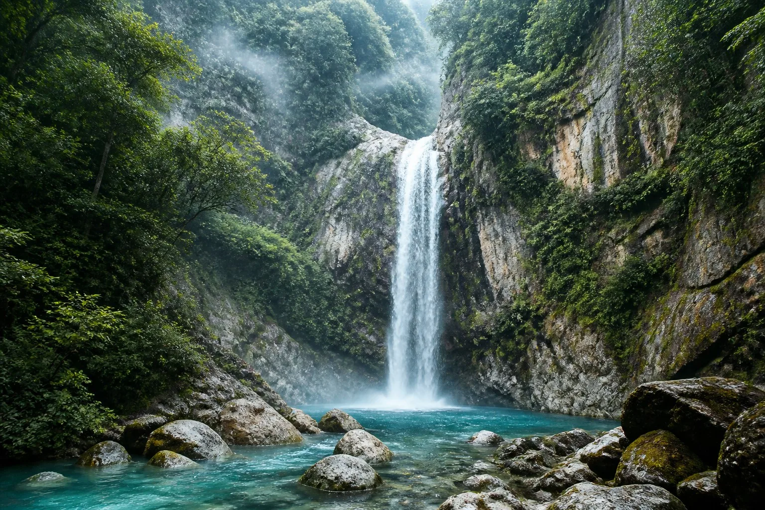 Cachoeira entre rochas minerais