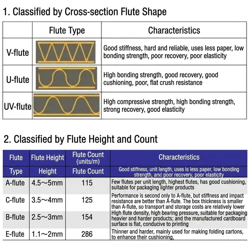 Table showing V, U, and UV flute types