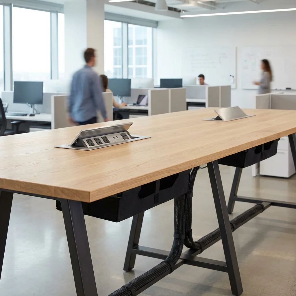 Modular co-working table with integrated power sockets and cable management systems.