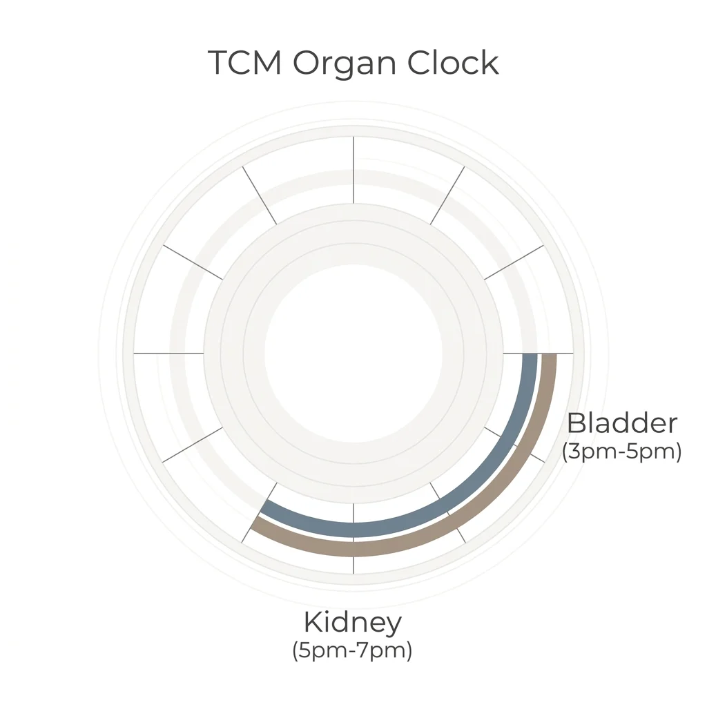 Diagram of the TCM Organ Clock showing the transition from the Bladder/Kidney hours and the depletion of Spleen Yang