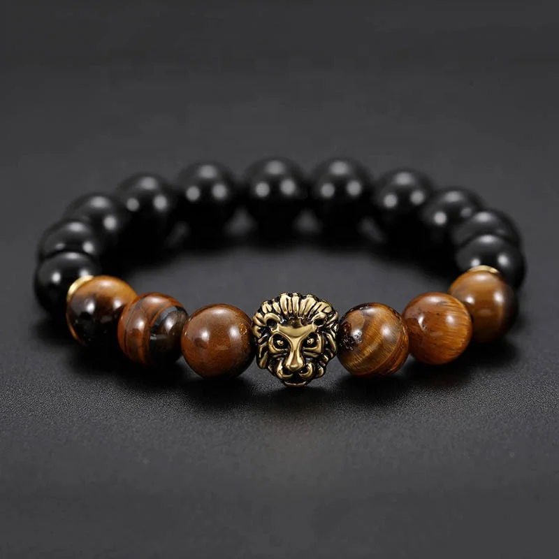 

High Quality 10mm Natural Stone Charm Energy Obsidian Tiger Eye Beads Lion Bracelet for Men