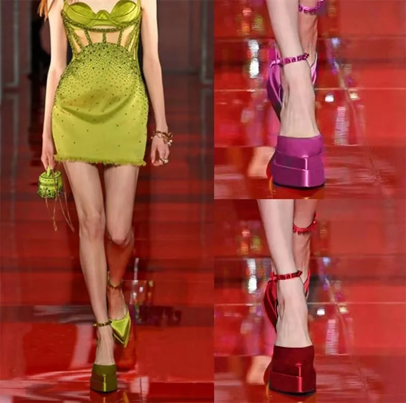 

Fashion Waterproof Platform Pointed Toe Heel Satin Rhinestone Candy Color Sandals Big Size Party Wedding Sexy Thick High Heels