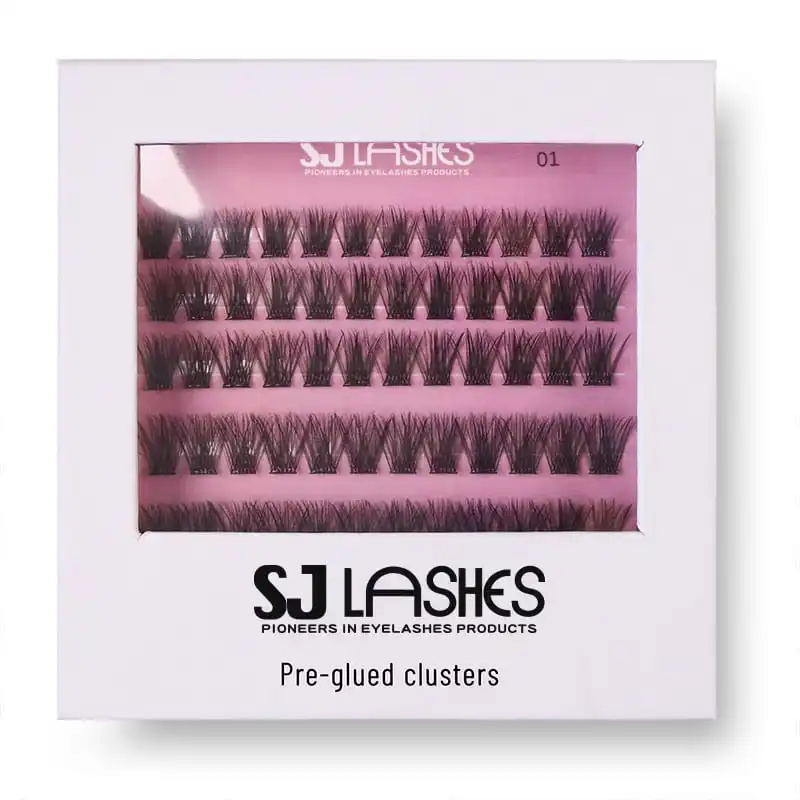 White numbered pre-glued cluster box with pink interior card showing five rows of clusters, marked 01, with the brand line printed below the window - numbered lash cluster box series