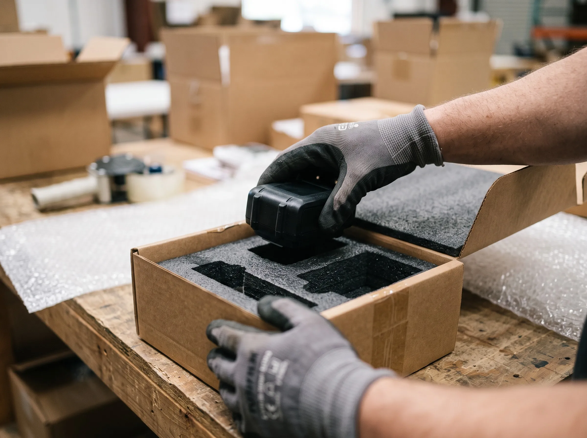 Hands placing a power tool battery pack into a foam-lined shipping carton