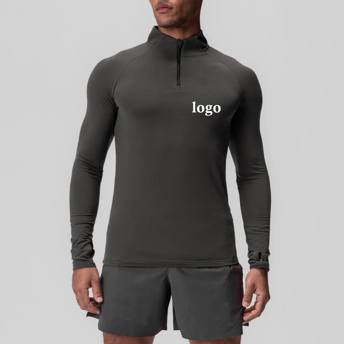 Clothing Manufacturers Custom Half Zip Turtleneck Full Sleeves Tshirt Fitness Quick Dry Men's Long Sleeve Shirt With Thumb Hole