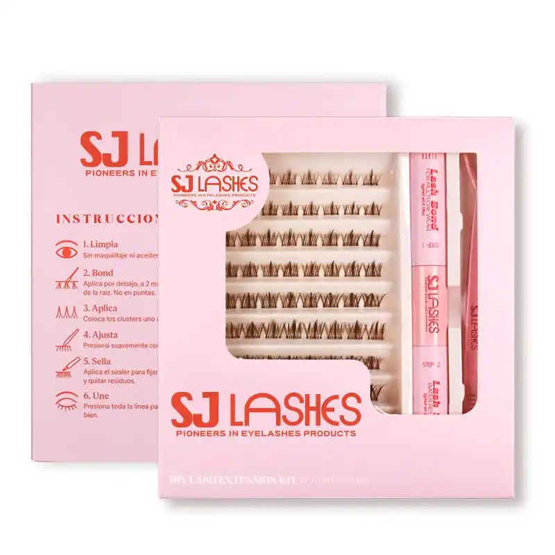 Pink DIY lash extension kit box back panel printed with Spanish instructions in six numbered steps each with an icon, beside the front of the same box with its arched window - lash kit box with Spanish instructions