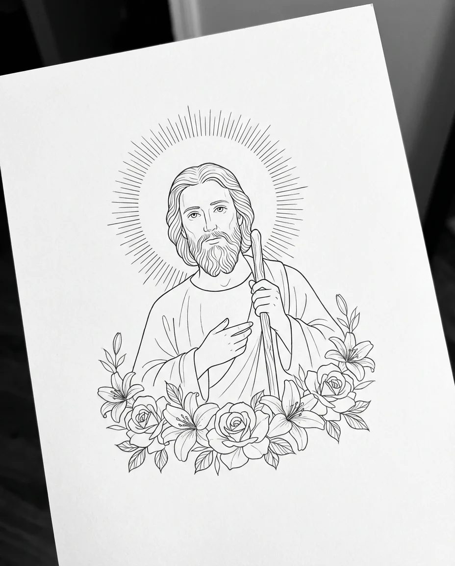 Fine line minimalist San Judas tattoo design