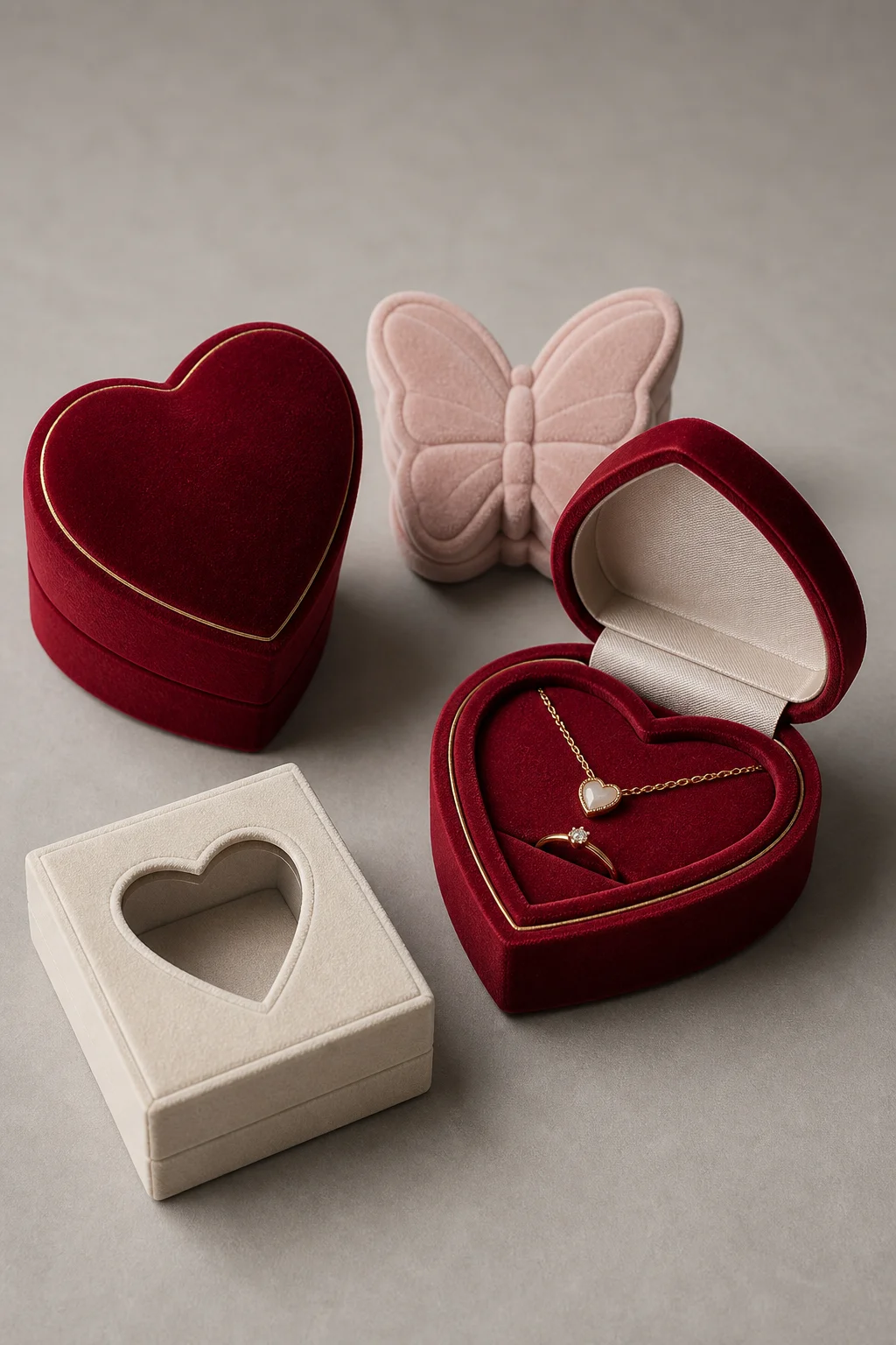 Shaped jewelry boxes: a closed deep red velvet heart box with gold edge trim, the same heart box open showing a heart-cut velvet insert holding a ring and a necklace, a blush pink butterfly-shaped box behind, and a cream box with a heart-shaped cut-out window in the lid