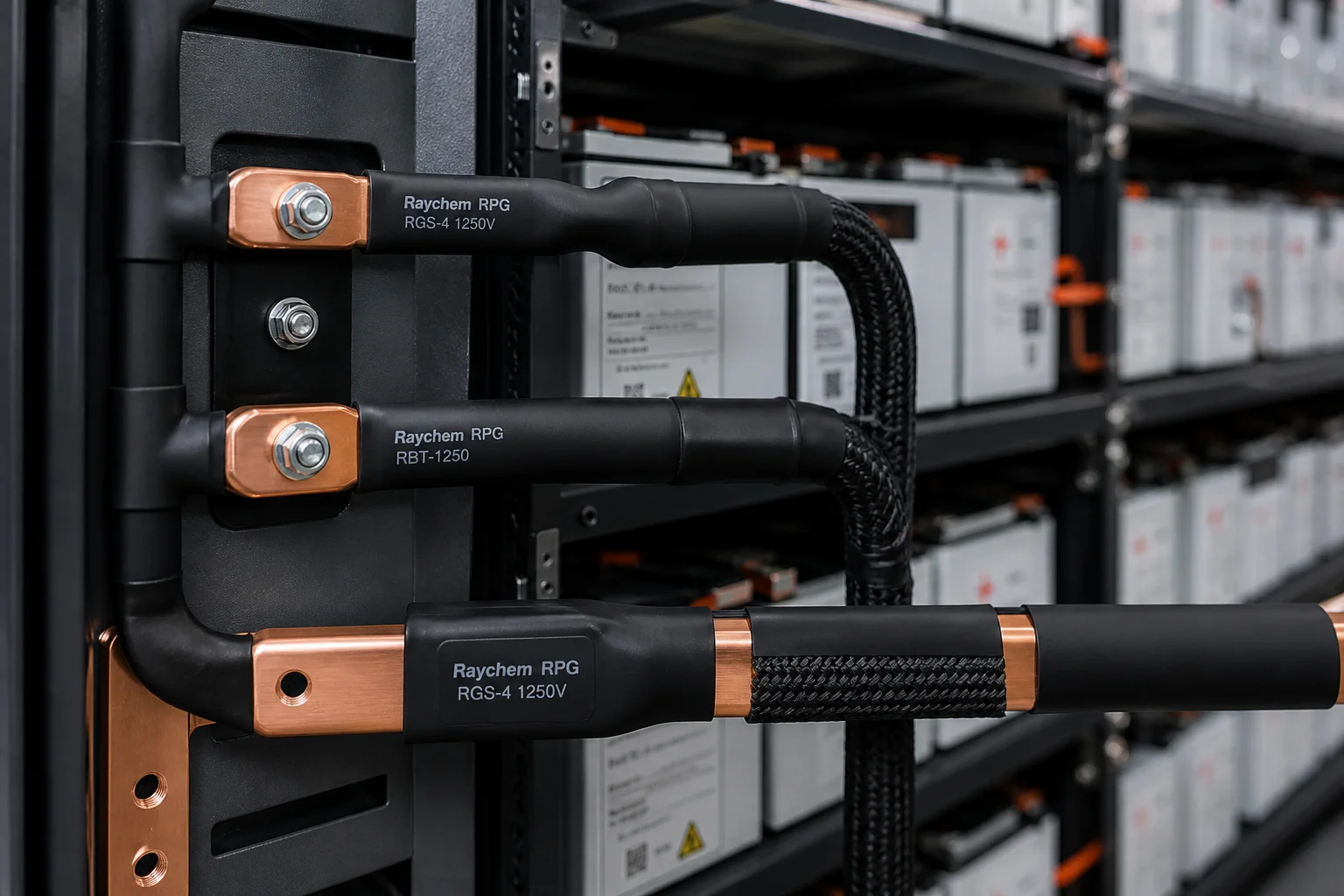 ESS energy storage insulation with insulating sleeves on battery rack busbars