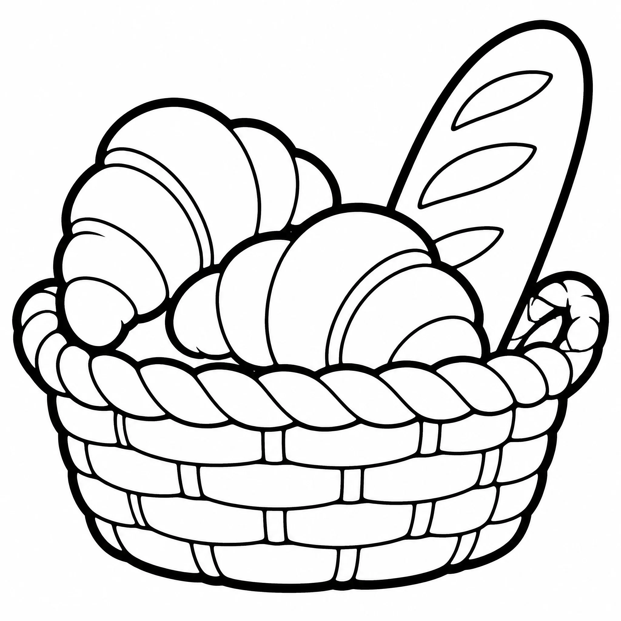 Bold and easy bakery bread basket coloring page with croissants and baguette in bold lines