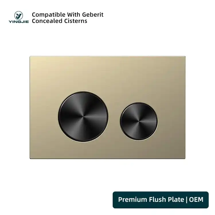 Brushed Gold Stainless Flush Plate With Black Round Buttons For Boutique Washrooms