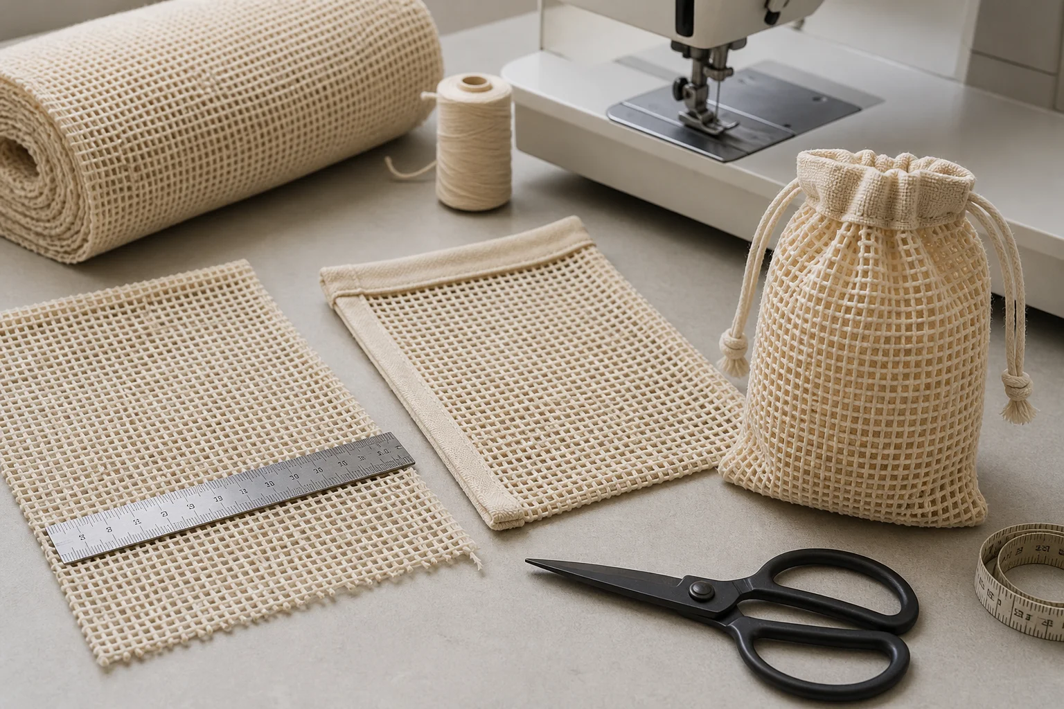 Unbleached cotton mesh fabric and bags on a worktable: a rolled bolt of open-grid mesh, two flat mesh panels with a steel ruler laid across one to show opening size and a bound edge on the other, and a finished drawstring mesh pouch with a solid top band, alongside shears, a thread spool, a tape measure and the presser foot of a sewing machine