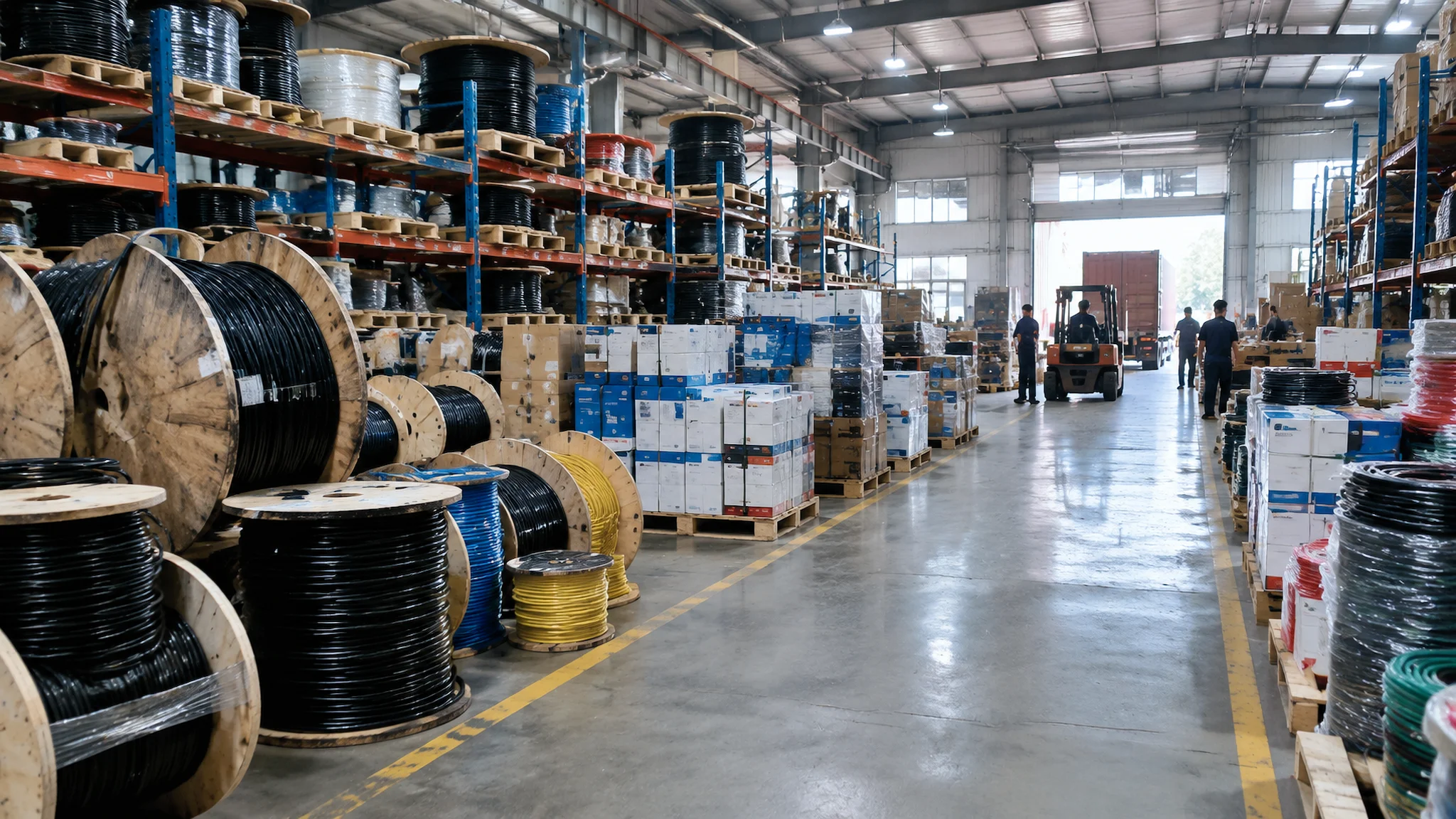 Cable wholesale warehouse in China with stacked reels and cartons
