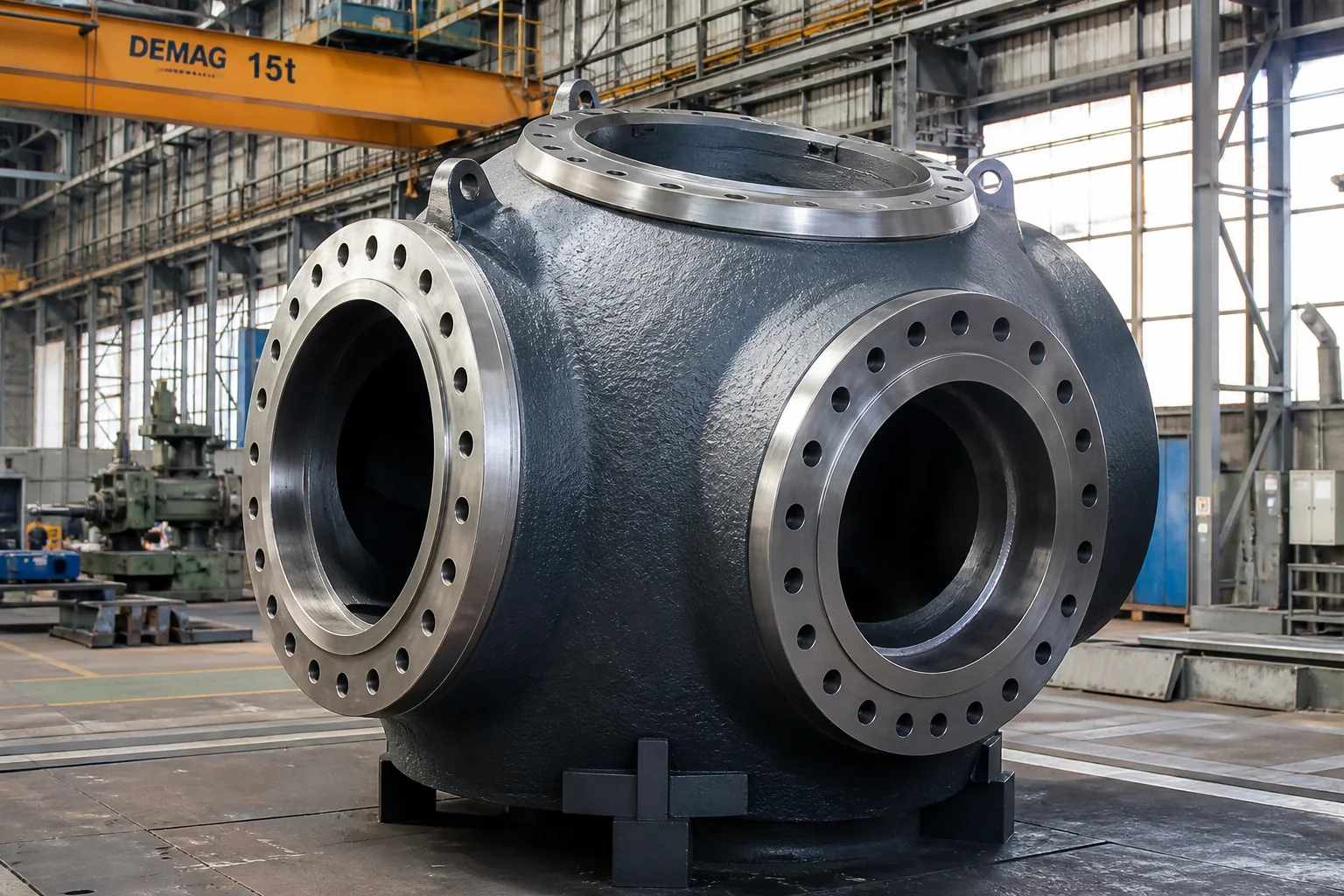 Massive 15-ton low-temperature ductile iron wind turbine rotor hub casting in machine shop