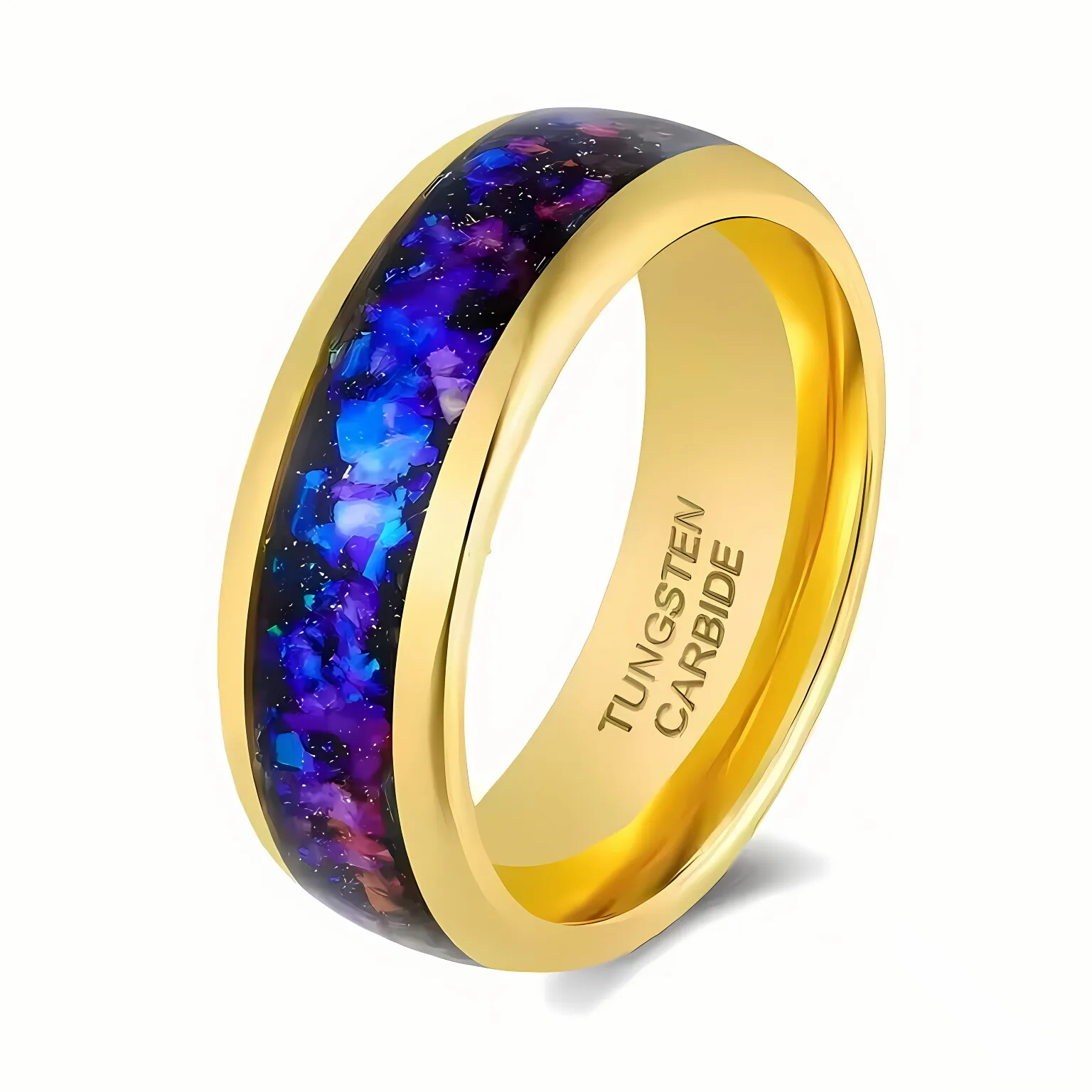 POYA Unisex Vintage 8mm Gold Blue Purple Galaxy Sandstone Inlay Tungsten Carbide Wedding Band Classic Christian Gift Jewelry