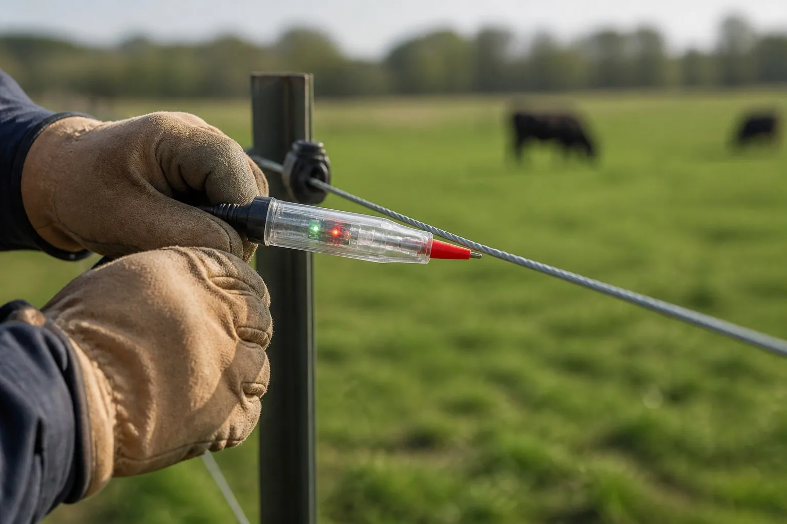 Farmer testing electric fence voltage with an LED tester