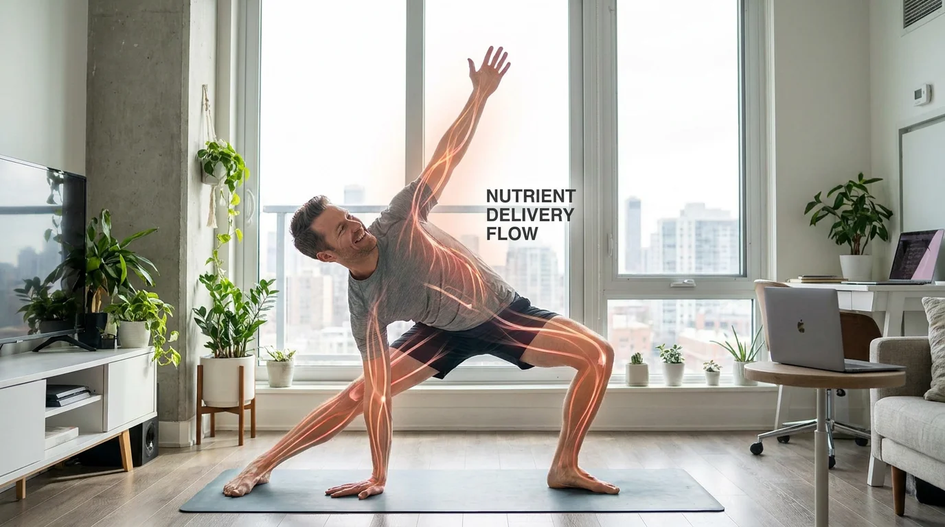 Split screen showing a stiff hiker vs. a KineticQi hiker performing a yoga stretch