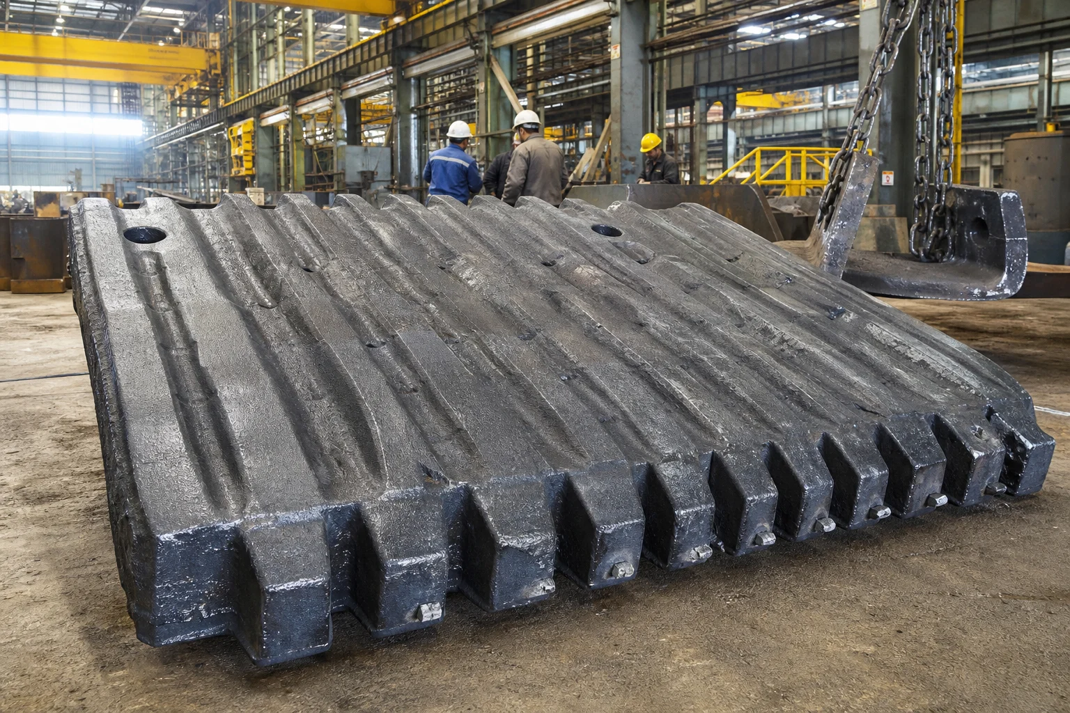 Heavy jaw crusher plate manganese steel casting on foundry floor