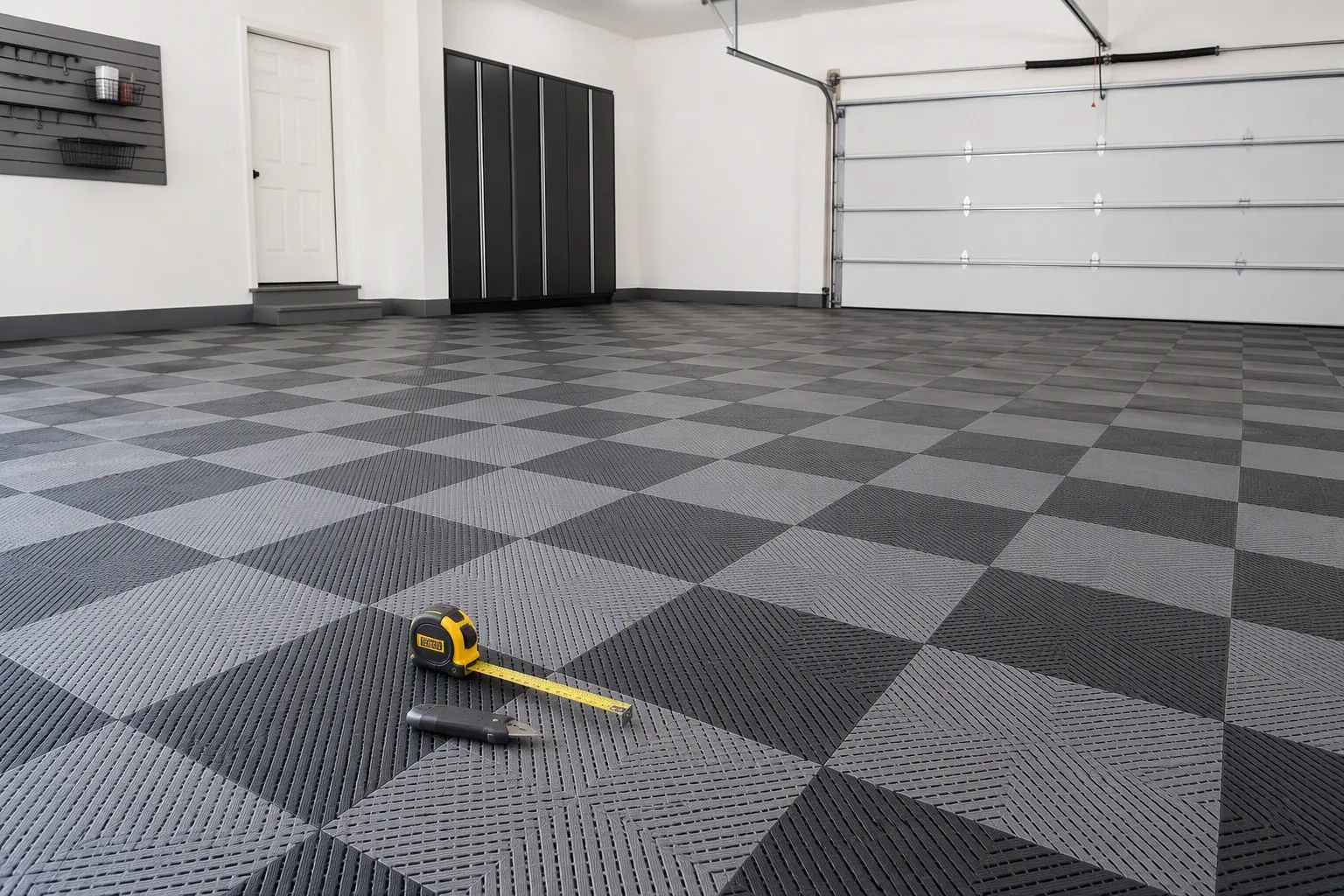 Freshly installed checkerboard garage floor tiles with measuring tape and utility knife