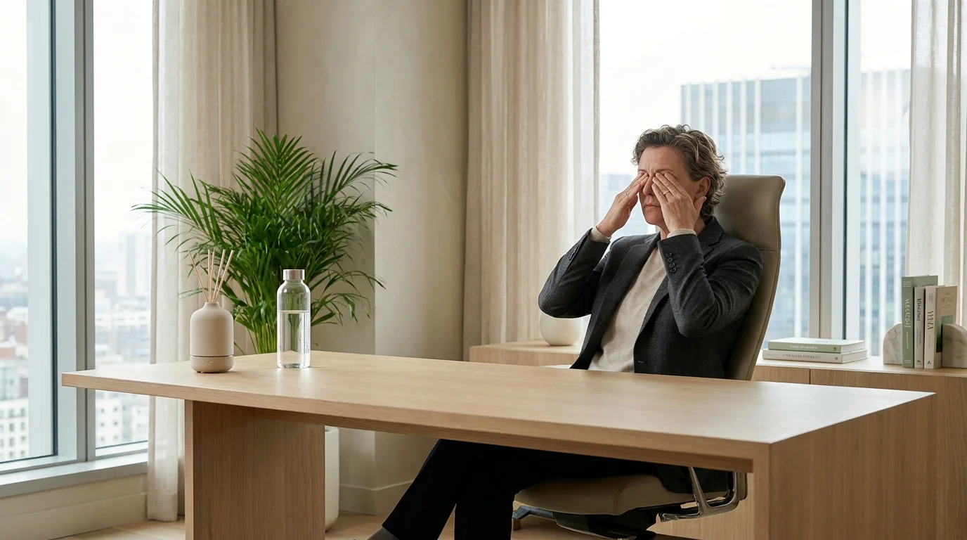 A professional worker slumped at their desk at 4 PM, representing the afternoon vitality dip