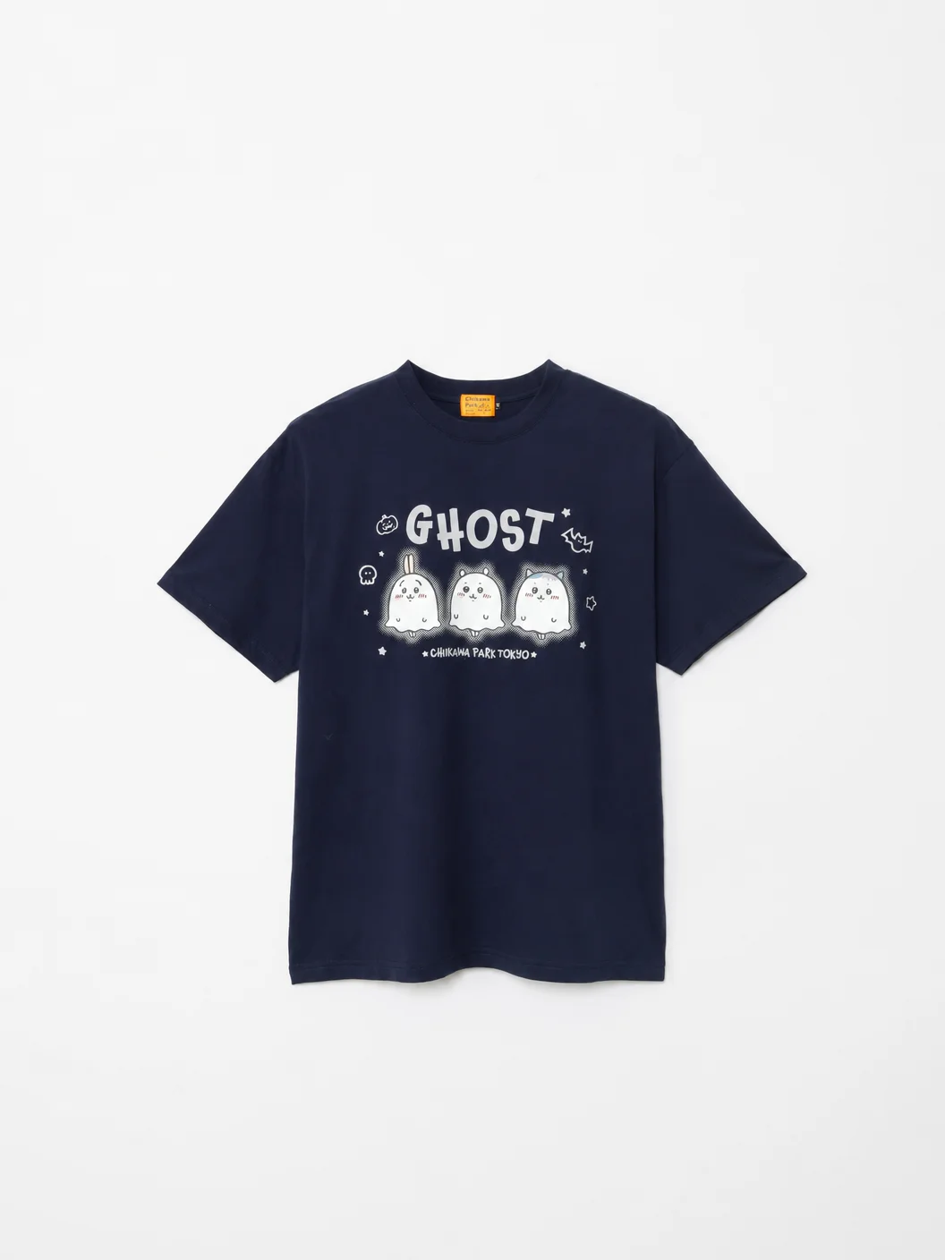 Chiikawa Park navy T-shirt with a glow-in-the-dark GHOST print showing three ghost characters