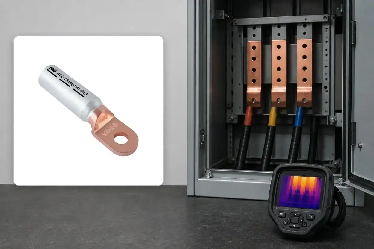 Bimetallic cable lug beside switchgear and a thermal camera for overheating diagnosis