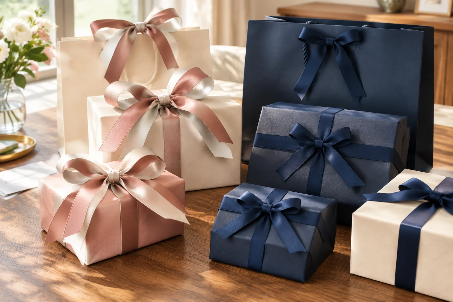 Gift packaging using both single-face and double-face satin ribbon showing visible difference in bow construction