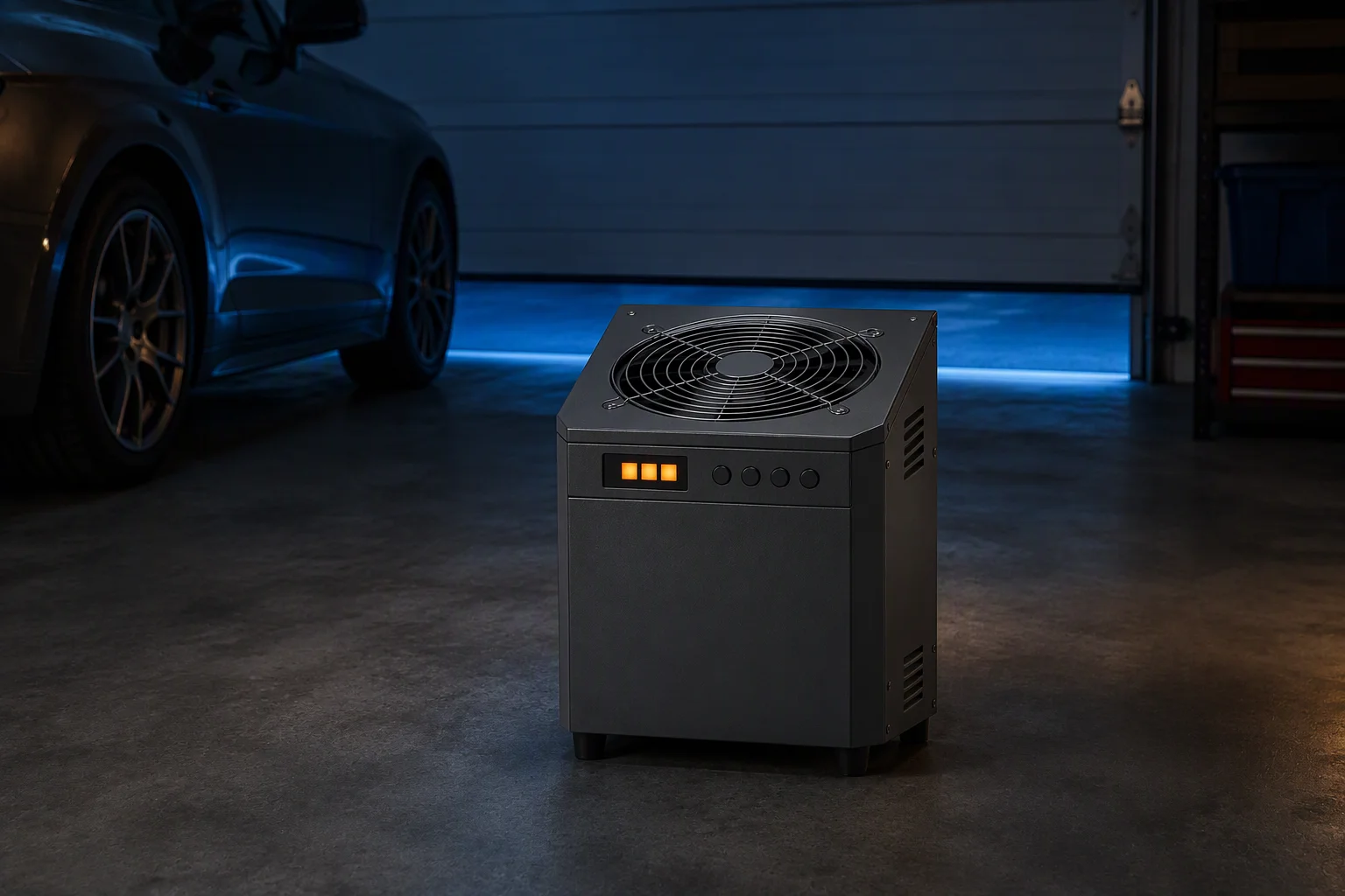 Garage heater standing on a garage floor beside a car at night