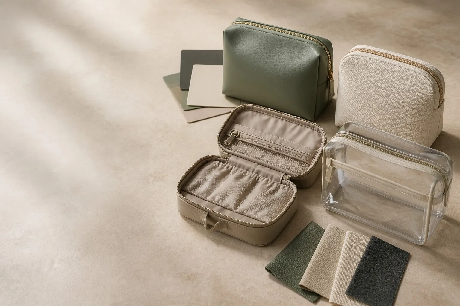 Unbranded cosmetic bag material samples arranged on a warm stone tabletop
