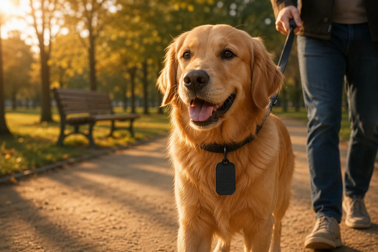 Golden retriever on daily walk wearing matte black pet ID tag