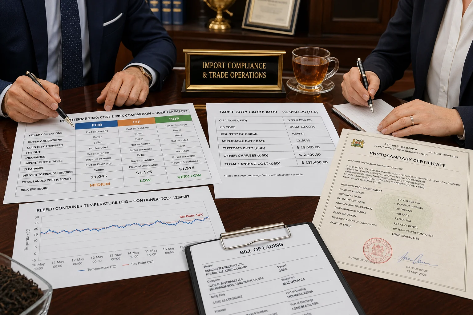 Procurement director and customs broker analyzing FOB CIF DDP trade sheets, tariff calculator, and Reefer temperature charts