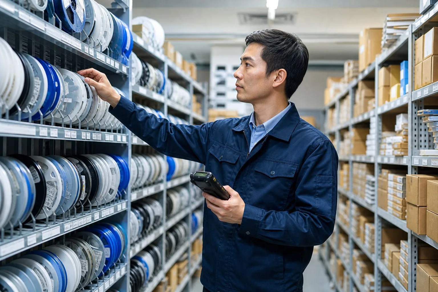 Electronics component warehouse with organized SMD reels