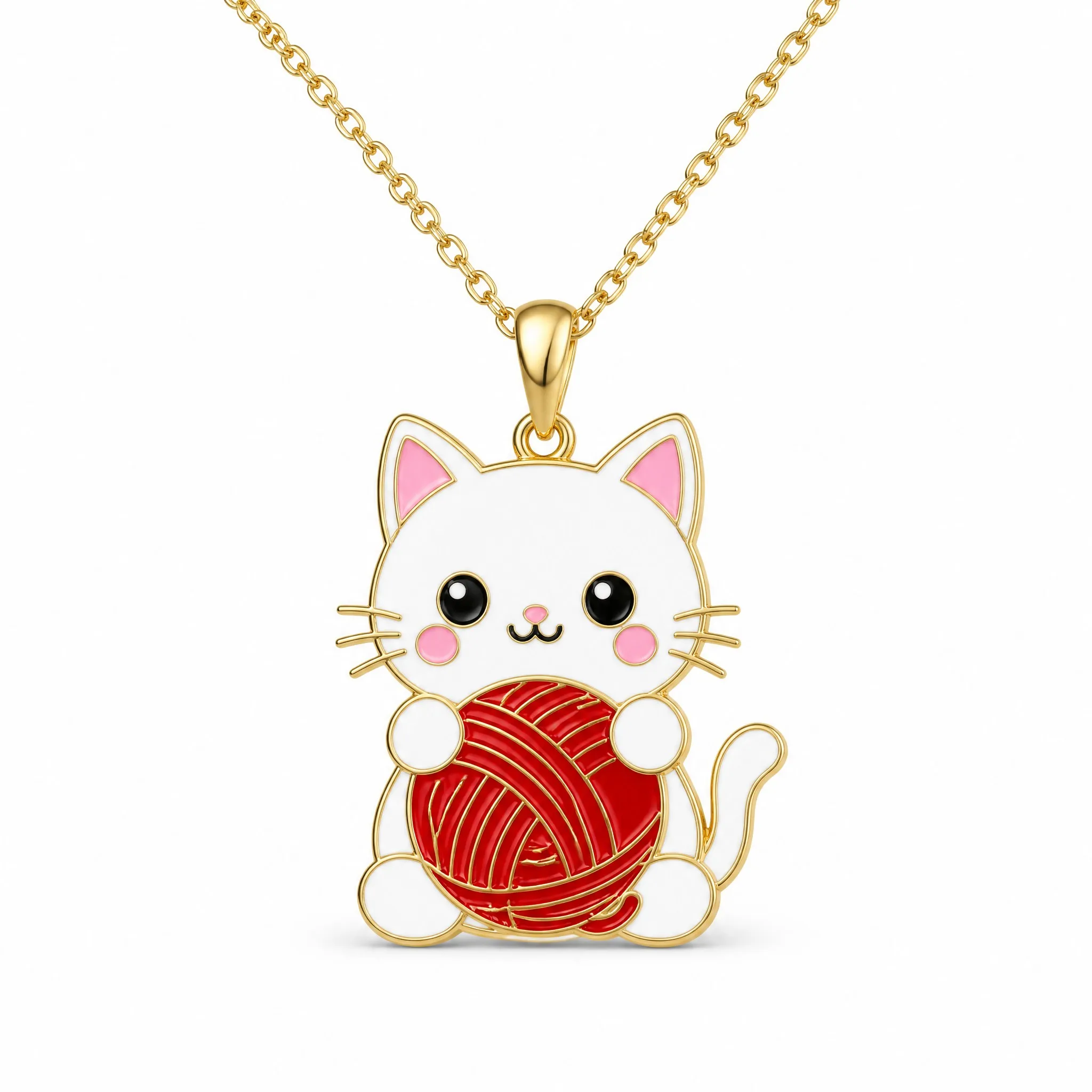 Custom hard enamel cat pendant necklace white cat with red yarn ball on white background