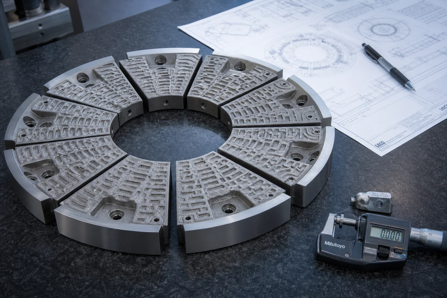 High-alloy martensitic stainless steel refiner disc segments arranged on inspection table